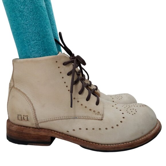 Bed Stu Benchmade Chelsea Lace Up Ankle Boots Size 8 Leather Beige Brogue Combat - Picture 15 of 16